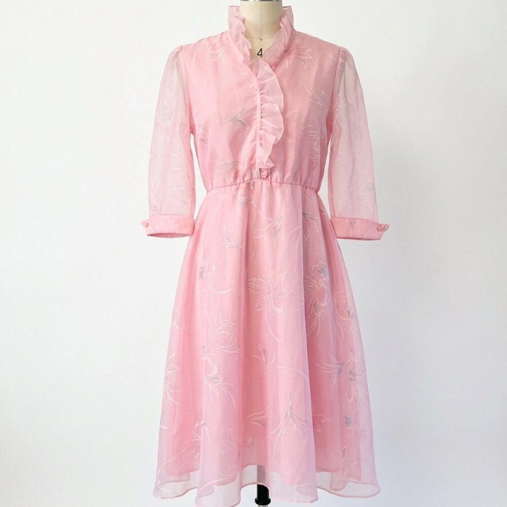 Vintage Coquette Pink Floral Dress with Ruffle Detail and Zipper Unique Kawaii